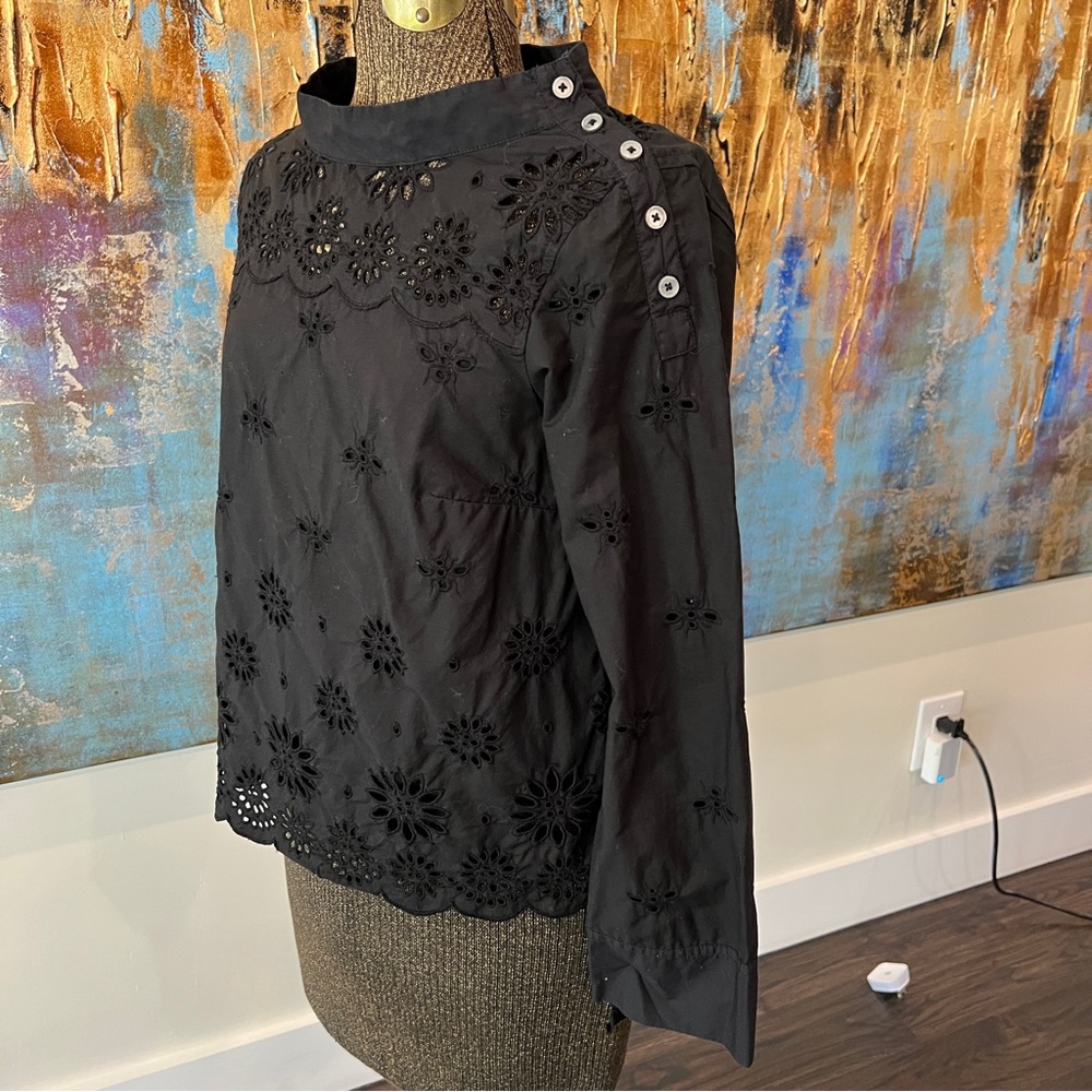 J. Crew Black Long Sleeve Funnel Neck Eyelet Blouse